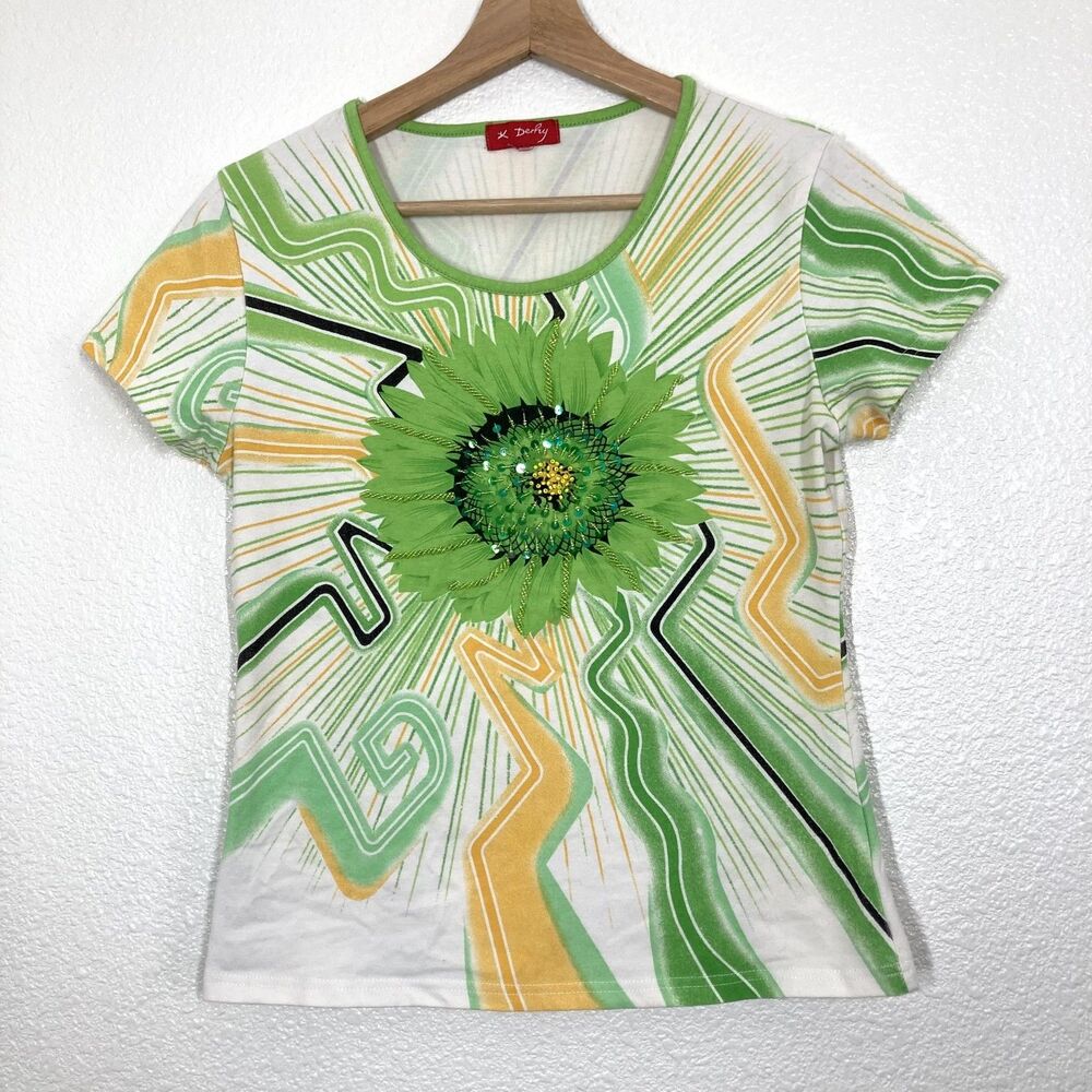 Fairy Derhy Shirt Womens  Green Floral Sequin Scoop Neck Jersey Top Graphic